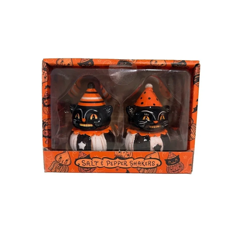 Johanna Parker Black Cat Carnival Salt and Pepper Shakers Halloween New Boxed